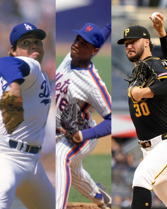 Pictured: A three-photo collage of Fernando Valenzuela, Dwight Gooden and Paul Skenes.
Left - Fernando Valenzuela delivers a pitch. He wears a white Los Angeles Dodgers jersey with blue lettering, blue cap and brown baseball glove.
Center - Dwight Gooden delivers a pitch. He wears a white pinstriped New York Mets jersey with blue and orange lettering, blue cap and black baseball glove.
Right - Paul Skenes delivers a pitch. He wears a black Pittsburgh Pirates jersey with yellow lettering, black cap and black baseball glove.
