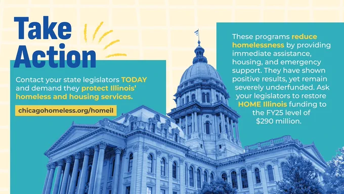 Graphic with title reading "Take Action" over a light yellow background. Two teal text boxes contain text reading "Contact your state legislators TODAY and demand they protect Illinois’ homeless and housing services" and "These programs reduce homelessness by providing immediate assistance, housing, and emergency support. They have shown positive results, yet remain severely underfunded. Ask your legislators to restore HOME Illinois funding to the FY25 level of $290 million." A link to chicagohomeless.org/homeil is highlighted in dark yellow, and a blue tinted image of the Illinois State Capitol building is overlaid over the background. 