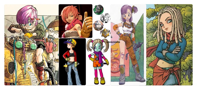 - Bulma (Dragon Ball)
- Lucca (Chrono Trigger)
- Mécanicienne (Dragon Ball Online, vu le style de dessin assez fin, je pense que c'est un personnage signé Toriyama 🙏)
- Ann (Sand Land : The Game / Forest Land)
- Panzy (Dragon Ball Daima)
- Nouveau personnage féminin (Dragon Quest XII)

- Lisa (Plastic model kit - Akira Toriyama)
- Yasatto (Blue Dragon)
- Robotoriyama (Blue Dragon)
- Nouveau robot (Dragon Quest XII)
