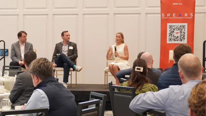 Speakers Bunker Curnes and Katie Cashman Rogers and discussion moderator JR Garcia address the audience at the most recent Southwest Venture Forum co-hosted by the Caruth Institute for Entrepreneurship and the Spears Institute for Entrepreneurial Leadership at the SMU Cox School of Business in Dallas, TX.