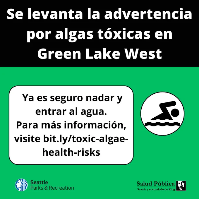 graphic in Spanish Toxic algae warning lifted at Green Lake West; swimming is now safe with more info at bit.ly/toxic-algae-health-risks.