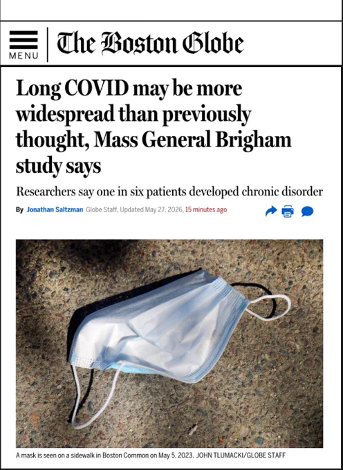 Screenshot of an article headline in the Boston globe that reads “Long Covid may be more widespread than previously thought, Mass General Brigham study says”