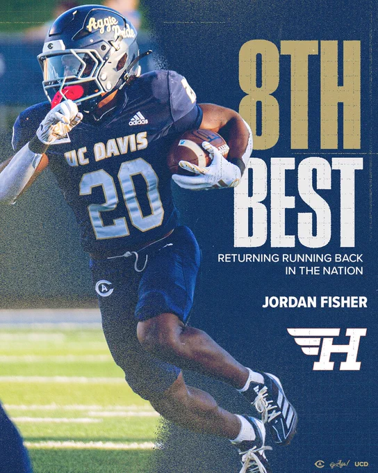 Blue graphic with photo and cutout of Fisher running with the football in a football game next to text stating his national ranking and his name above the hero sports logo.
