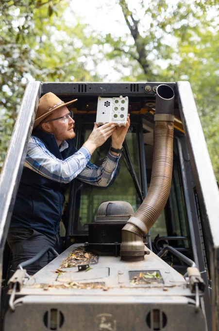 James Thompson, an assistant research professor at University of Texas at Austin and a principal investigator with NASA’s Earth Science Technology Office, tests out locations on a fire dozer where the FireTIRS thermal infrared imager could be mounted. Thompson was part of a stakeholder event held between NASA’s FireSense project and the Alabama Forestry Commission (AFC), which included demonstrating thermal sensors on the AFC’s fire dozers.