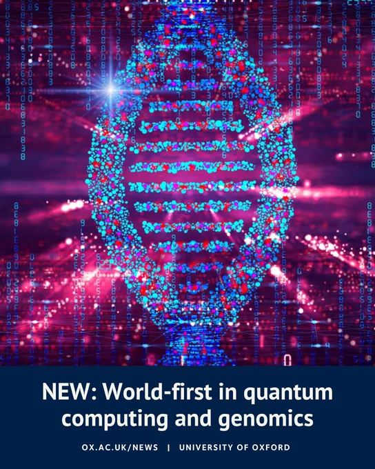 Digital illustration of a DNA strand surrounded by data and code, with a headline about a world-first achievement in quantum computing and genomics.