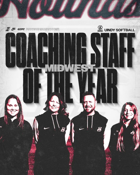 A graphic promoting UIndy softball coach Faith Muterspaugh, Missy Frost, Ben Ferrell and Amanda Demmerle as the 2026 NFCA DII Midwest Coaching Staff of the Year.