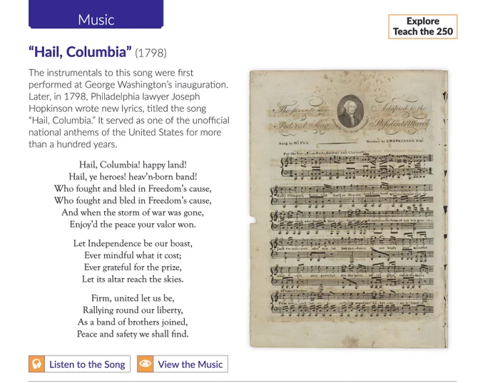 "Hail, Columbia" is described on the left, mentioning its 1798 lyrics by Joseph Hopkinson and its historical significance as an unofficial U.S. anthem. The sheet music on the right showcases a title with "The Favourite New Federal Song" and an image, presumably of George Washington, above musical notes and lyrics. Large text highlights the song's role in George Washington's inauguration. Interactive buttons at the bottom offer options to listen or view the music.
