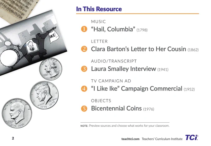 An educational resource page titled "In This Resource" lists items with illustrations. Items include a music piece "Hail, Columbia" (1798), a letter from Clara Barton (1862), Laura Smalley Interview transcript (1941), the “I Like Ike” campaign ad (1952), and Bicentennial Coins (1976). Images include sheet music, an elephant cartoon holding an "IKE" flag, and Bicentennial coins featuring profiles of influential figures. The page is from teachtci.com, displayed in a modern layout by Teachers' Curriculum Institute.