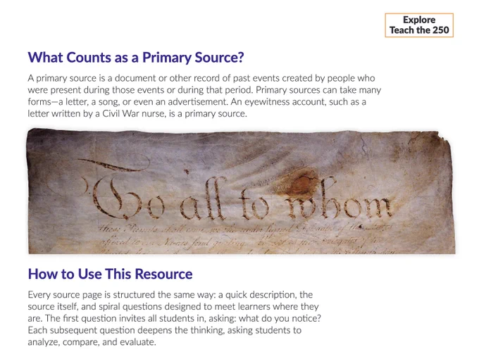 An aged document with the visible text "To all to whom" appears above explanatory text about primary sources. It defines a primary source as a document or record from people present at events, such as a letter by a Civil War nurse, and describes the educational resource structure, including questions that prompt analysis and evaluation.
