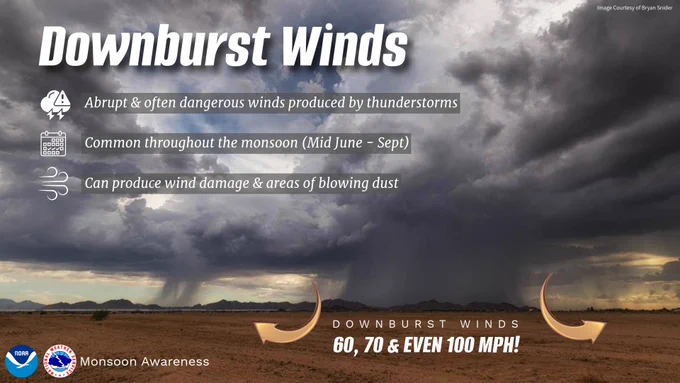 An educational infographic about downburst winds set against a dramatic photograph of a monsoon storm over a desert landscape. In the background, massive, dark storm clouds pour heavy sheets of rain down onto a flat desert floor with distant mountains.

The top left features a large title reading "Downburst Winds," followed by three key facts highlighted in white boxes with corresponding icons:

"Abrupt & often dangerous winds produced by thunderstorms" (thunderstorm warning icon).

"Common throughout the monsoon (Mid June – Sept)" (calendar icon).

"Can produce wind damage & areas of blowing dust" (wind icon).

At the bottom right, two curved golden arrows point inward toward a caption that reads: "DOWNBURST WINDS 60, 70 & EVEN 100 MPH!" The NOAA and National Weather Service logos are in the bottom left corner next to the text "Monsoon Awareness." The top right corner includes a small photo credit: "Image Courtesy of Bryan Snider."