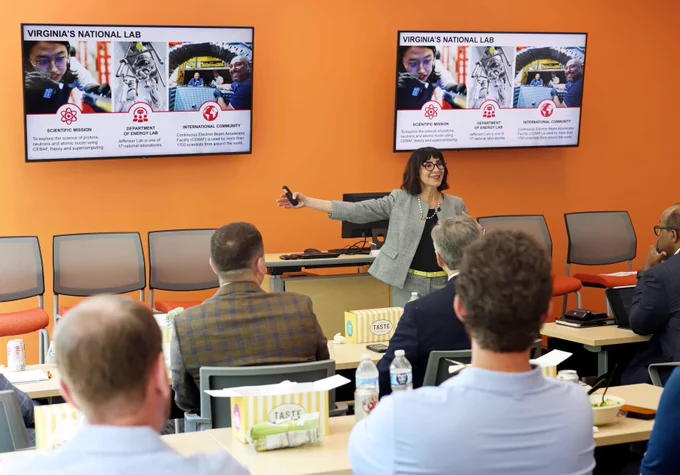Jefferson Lab Deputy Chief Operating Officer, Natalie Carter, met with the LEAD Peninsula class of 2026 to share how we are exploring the science of protons, neutrons and atomic nuclei.