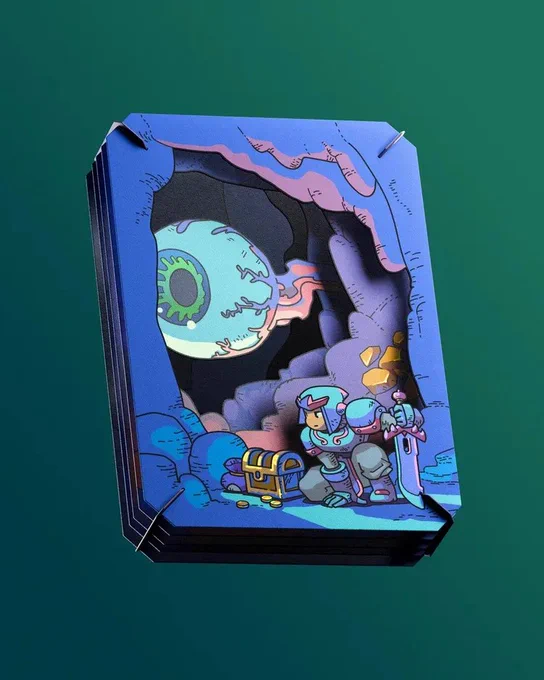 a paper theater consisting of 5 cardboard layers, depicting a terraria character in shadow armor, holding a night's edge sword. In the background, the depths of a cave, with a patrolling Eye of Chtulhu