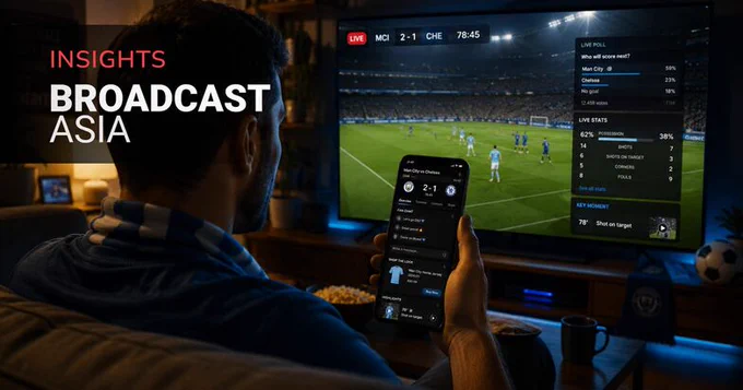 A person watches a live soccer match on TV while using a mobile app to view stats and polls. The living room setting creates an immersive experience.