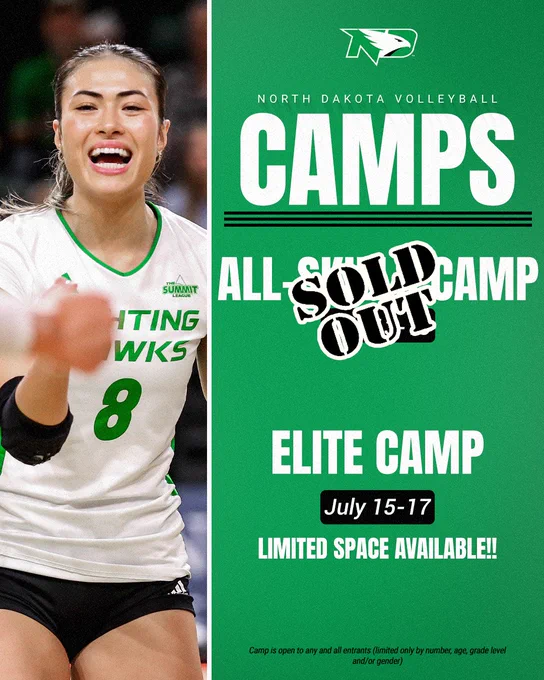 This is an advertisement for North Dakota Volleyball Camps. The image features a volleyball player in a white jersey with "Fighting Hawks" written on it. Text on the image notes that the "All Skills Camp" is sold out. The "Elite Camp" is scheduled for July 15-17, with limited space available.