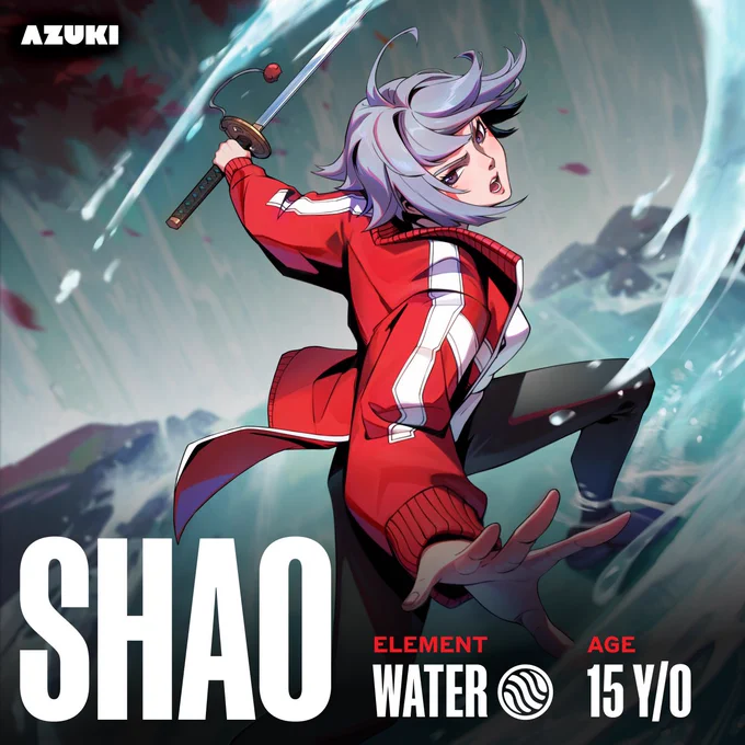 Dynamic anime illustration of Shao, a 15-year-old character with water element powers. Shao is wielding a sword amid water swirls, creating an energetic and vibrant scene.