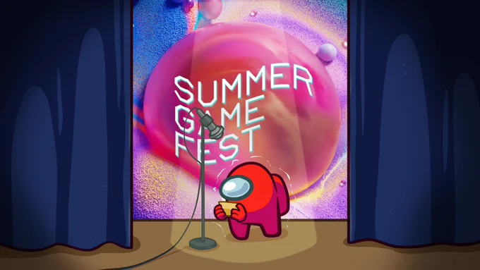 A nervous Red Crewmate stands on the stage of Summer Game Fest. They visibly shake as they hold their cue cards in front of a microphone too tall for them.