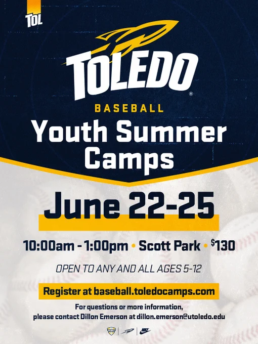 Toledo baseball's Youth Summer Camps are June 22-25 at Scott Park
