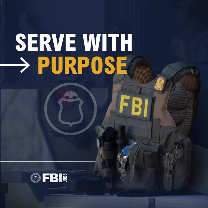 FBI tactical vest standing. Serve with Purpose. FBI Jobs logo.