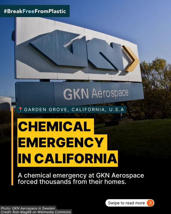 A sign at GKN Aerospace with an alert about a chemical emergency in Garden Grove, California, forcing evacuations. The mood is urgent and informative.