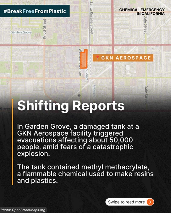 Map showing the evacuation area near GKN Aerospace in Garden Grove following a chemical emergency. Informs viewers about potential explosions and evacuation of 50,000 people.