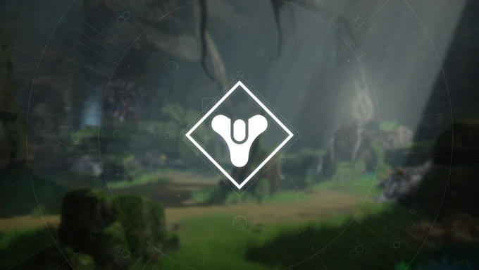 White Destiny tricorn emblem inside a diamond over a blurred green forest EDZ landscape, with faint UI-style radials overlaying the image