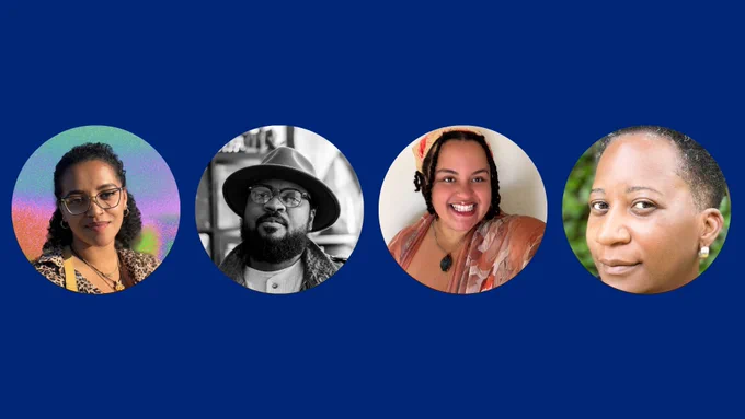 Four circular portraits set against a blue background. From left to right: Alexandra Gessesse, Roderick Jackson, Chantel McCrea, Zana Sanders