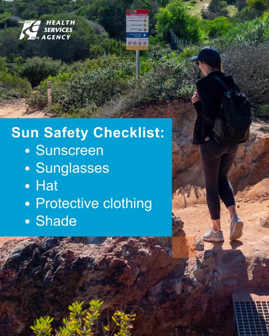 A photo of a person hiking in sunny weather, accompanied by a checklist titled "Sun Safety Checklist," which includes the following items: sunscreen, sunglasses, hat, protective clothing, and shade.