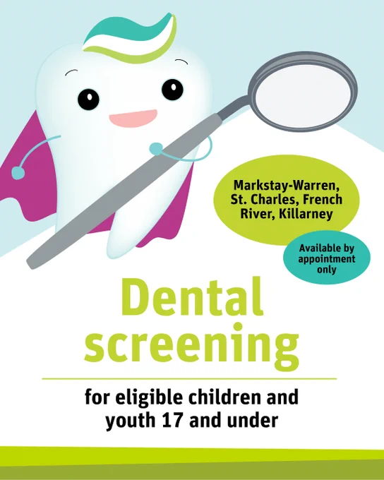 Illustration of a tooth holding a mouth mirror.

Dental Screening for eligible children and youth 17 and under

Markstay-Warren, St. Charles, French River, Killarney

Available by appointment only


