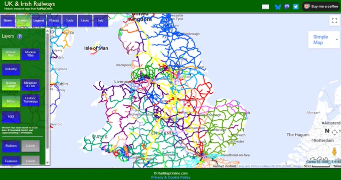 Map of historic UK and Irish railways.