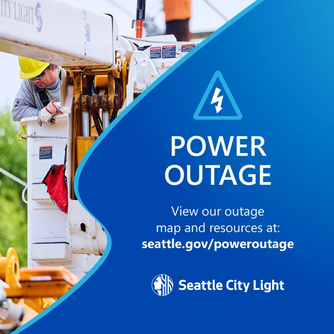Utility worker in a bucket truck performing maintenance, onscreen text announces power outage 