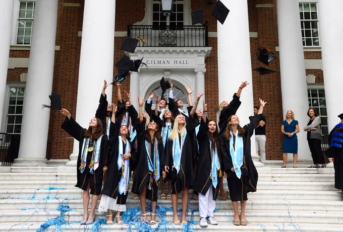 A group of graduates in caps and gowns celebrating by tossing their caps into the air on the steps of Gilman Hall. A few people stand watching in the background.