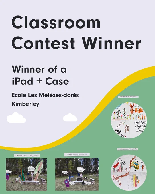Classroom contest winner announcement for École Les Mélèzes-dorés in Kimberley, showcasing three images of decorated paper plates on a green and yellow background.
