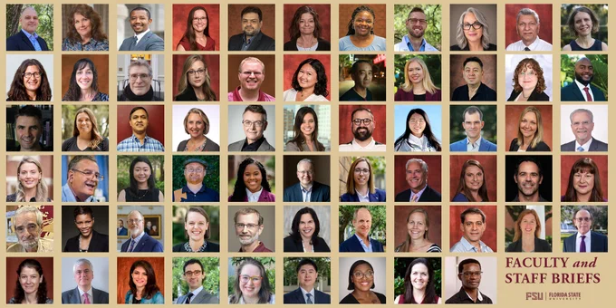 A graphic displaying a large grid of 64 diverse professional headshots of individuals against various backgrounds. The portraits are separated by thin gold grid lines. In the bottom right corner, filling the space of two portrait squares, is a solid gold rectangular block with garnet text that reads "FACULTY and STAFF BRIEFS" above the official Florida State University logo.