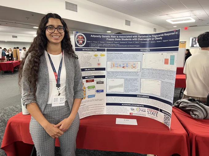 A person stands beside a scientific poster presentation titled "Adiposity Genetic Risk is Associated with Variation in Triglyceride Response in Fresno State Students with Overweight or Obesity." The poster includes sections on introduction, objective, methods, results, and discussion. Logos for the American Society of Human Genetics and Fresno State appear on the poster. The setting is an indoor event with red tablecloths.