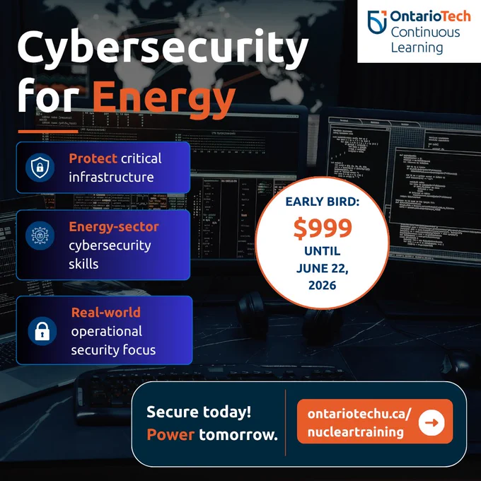Promotional graphic for Ontario Tech's cybersecurity course, focusing on protecting critical infrastructure in the energy sector. Bold design with a dark, tech-focused backdrop.