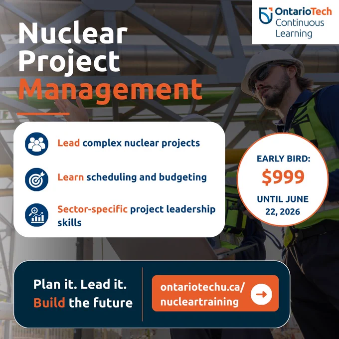 Promotional image for a Nuclear Project Management course by Ontario Tech. Features details on course content and pricing.