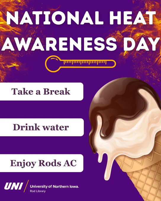 National Heat Awareness Day reminder with tips to take breaks, drink water, and enjoy air conditioning, featuring a melting ice cream cone graphic.