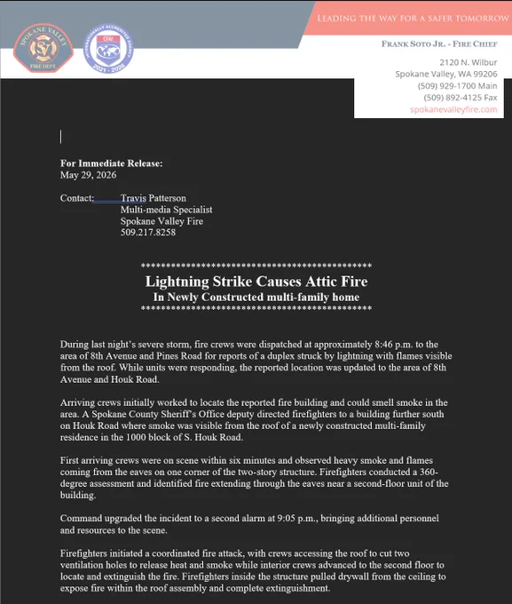 A press release from Spokane Valley Fire Department details a lightning strike causing an attic fire in a newly constructed multi-family home. The document includes contact information and the department's logo. The incident occurred near Pines Road, with first responders reaching the scene quickly. Firefighters contained the fire. No injuries were reported.