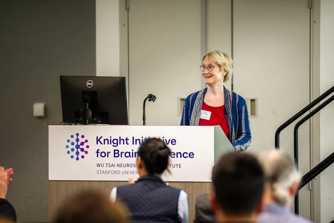 Katrin Andreasson explained that it may be possible to restore the brain's ability to clean itself up by rebooting cellular metabolism. Photo by Ola Hopper.