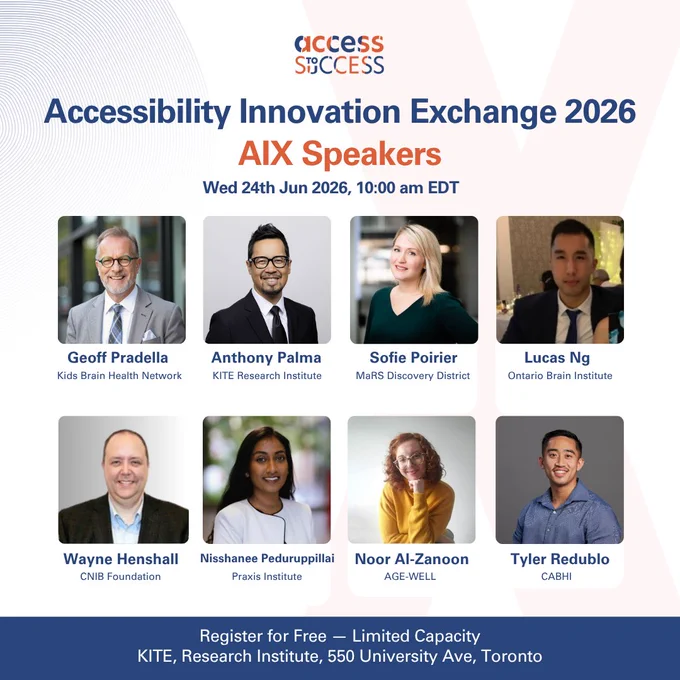 Promotional graphic from Access to Success for the Accessibility Innovation Exchange (AIX) 2026 Speakers event. The graphic features the Access to Success logo and event details: “Accessibility Innovation Exchange 2026 – AIX Speakers,” taking place Wednesday, June 24, 2026, at 10:00 a.m. EDT. Headshots and affiliations are shown for eight speakers: Geoff Pradella (Kids Brain Health Network), Anthony Palma (KITE Research Institute), Sofie Poirier (MaRS Discovery District), Lucas Ng (Ontario Brain Institute), Wayne Henshall (CNIB Foundation), Nisshanee Peduruppillai (Praxis Institute), Noor Al-Zanoon (AGE-WELL), and Tyler Redublo (CABHI). A banner at the bottom reads: “Register for Free — Limited Capacity,” followed by the venue: KITE Research Institute, 550 University Ave, Toronto.