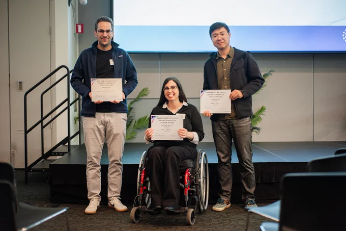 Winners of the 2026 Year-End Symposium and Research Showcase Poster Session Contest. From left, Henrick Riemenschneider, Noa Katz, and Andi Liu, winners of this year's poster competition. Photo by Ola Hopper.