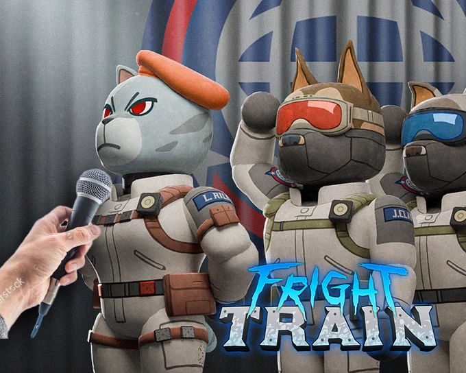 A Photostock hand holding a microphone in front of a snow leopard character in snow gear. Two dogs with snow goggles stand to her left with the Fright Train logo above them.