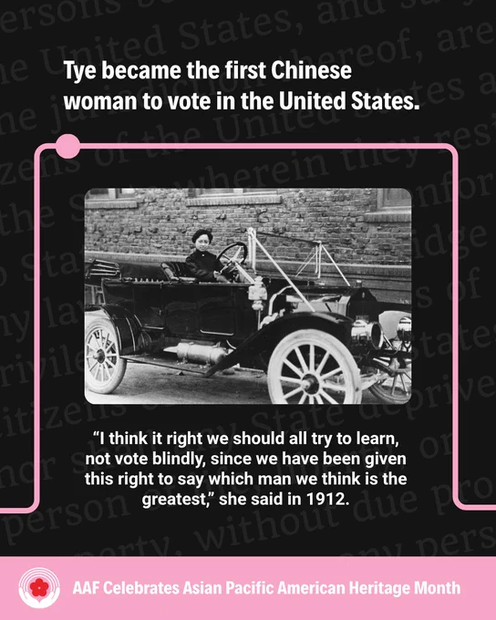 Tye became the first Chinese woman to vote in the United States.
“I think it right we should all try to learn, not vote blindly, since we have been given this right to say which man we think is the greatest,” she said in 1912.