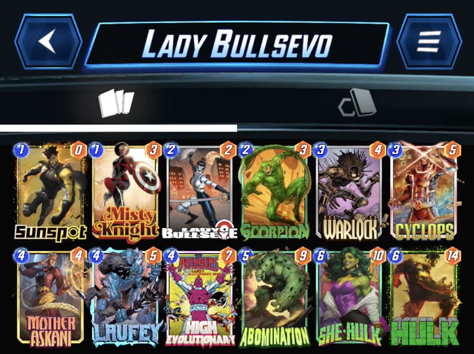 # (1) Sunspot
# (1) Misty Knight
# (2) Lady Bullseye
# (2) Scorpion
# (3) Warlock
# (3) Cyclops
# (4) Mother Askani
# (4) Laufey
# (4) High Evolutionary
# (5) Abomination
# (6) She-Hulk
# (6) Hulk
#
U25zcHQ3LE1zdEtuZ2h0QixMZEJsbHNDLFNjcnBuOCxXcmxjazcsQ2NscHM3LE10aHJBc2tuQyxMZjYsSGdoRXZsdG5yMTAsQWJtbnRuQixTaEhsazcsSGxrNA==
#
# To use this deck, copy it to your clipboard and paste it from the deck editing menu in MARVEL SNAP.