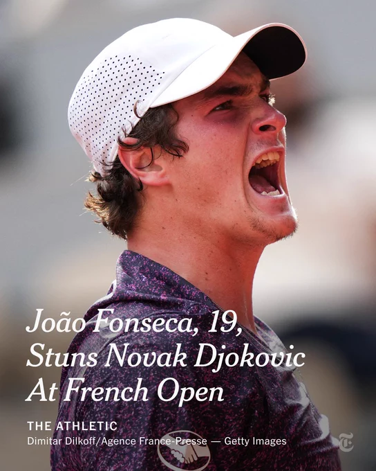 Brazil's Joao Fonseca reacts as he plays against Serbia's Novak Djokovic. Headline: João Fonseca, 19,  Stuns Novak Djokovic  At French Open