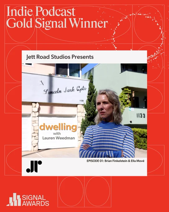 A promotional image for the podcast 'Dwelling with Lauren Weedman,' presented by Jett Road Studios. It highlights its achievement as an Indie Podcast Gold Signal Winner.