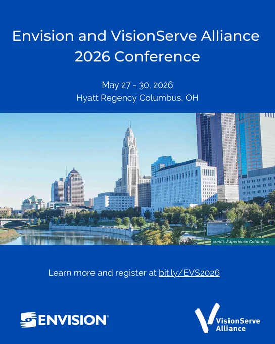 Digital flyer with a photo of Columbus, Ohio with text: Envision and VisionServe Alliance 2026 Conference. May 27-30, 2026. Hyatt Regency, Columbus, OH. Learn more and register at bit.ly/EVS2026.