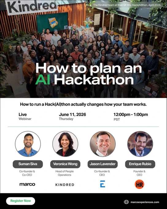 Promotional webinar graphic for “How to Plan an AI Hackathon,” featuring event details (June 11, 2026, 12:00–1:00 PM PST), a group photo from Kindred’s Hack(AI)thon, and speakers Suman Siva, Veronica Wong, Jason Lavender, and Enrique Rubio.
