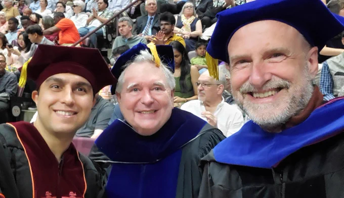 Dr. Reza Mazloom (left), co-advisor Dr. Lenwood S. Heath (center), and Dr. Boris Vinatzer (right) at the Virginia Tech graduation ceremony. 