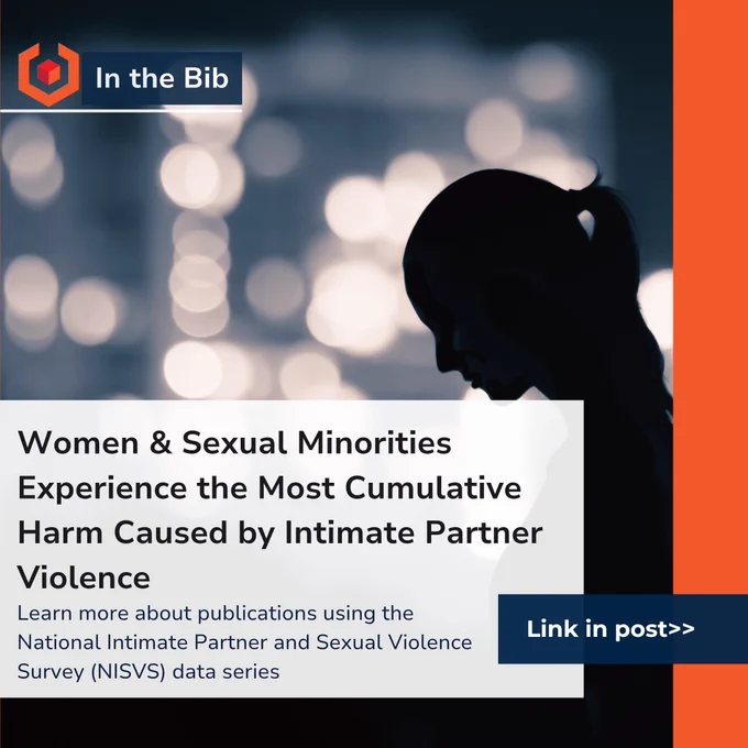 "The following text appears over a photo of a woman looking down and the N.A.C.J.D. logo:
In the Bib: Women & Sexual Minorities Experience the Most Cumulative Harm Caused by Intimate Partner Violence.
Learn more about publications using the  National Intimate Partner and Sexual Violence Survey (NISVS) data series.
Link in post."